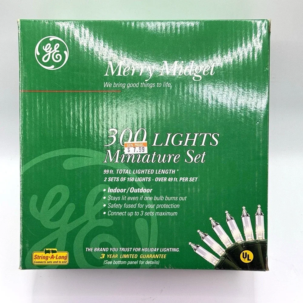 VTG GE Merry Midget 300 Lights Set Indoor Outdoor Clear Mini Bulbs 2001 99ft NOS